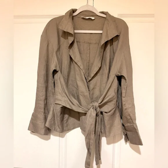 Zara Beige / Gray Tie 💯% Linen Top/Jacket sz XL - Picture 4 of 6